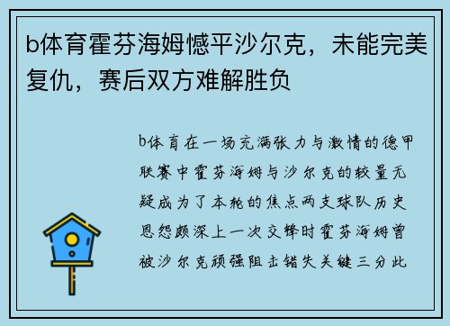 b体育霍芬海姆憾平沙尔克，未能完美复仇，赛后双方难解胜负
