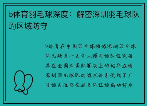 b体育羽毛球深度：解密深圳羽毛球队的区域防守