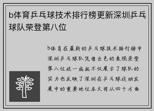 b体育乒乓球技术排行榜更新深圳乒乓球队荣登第八位